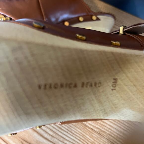 Veronica Beard Cognac Leather Wood Platform Heeled Mules Clogs Womens 10 Alek - Picture 12 of 15